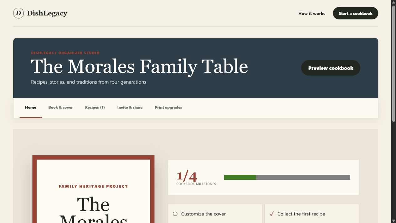 DishLegacy Organizer Studio showing cookbook progress and collected recipes